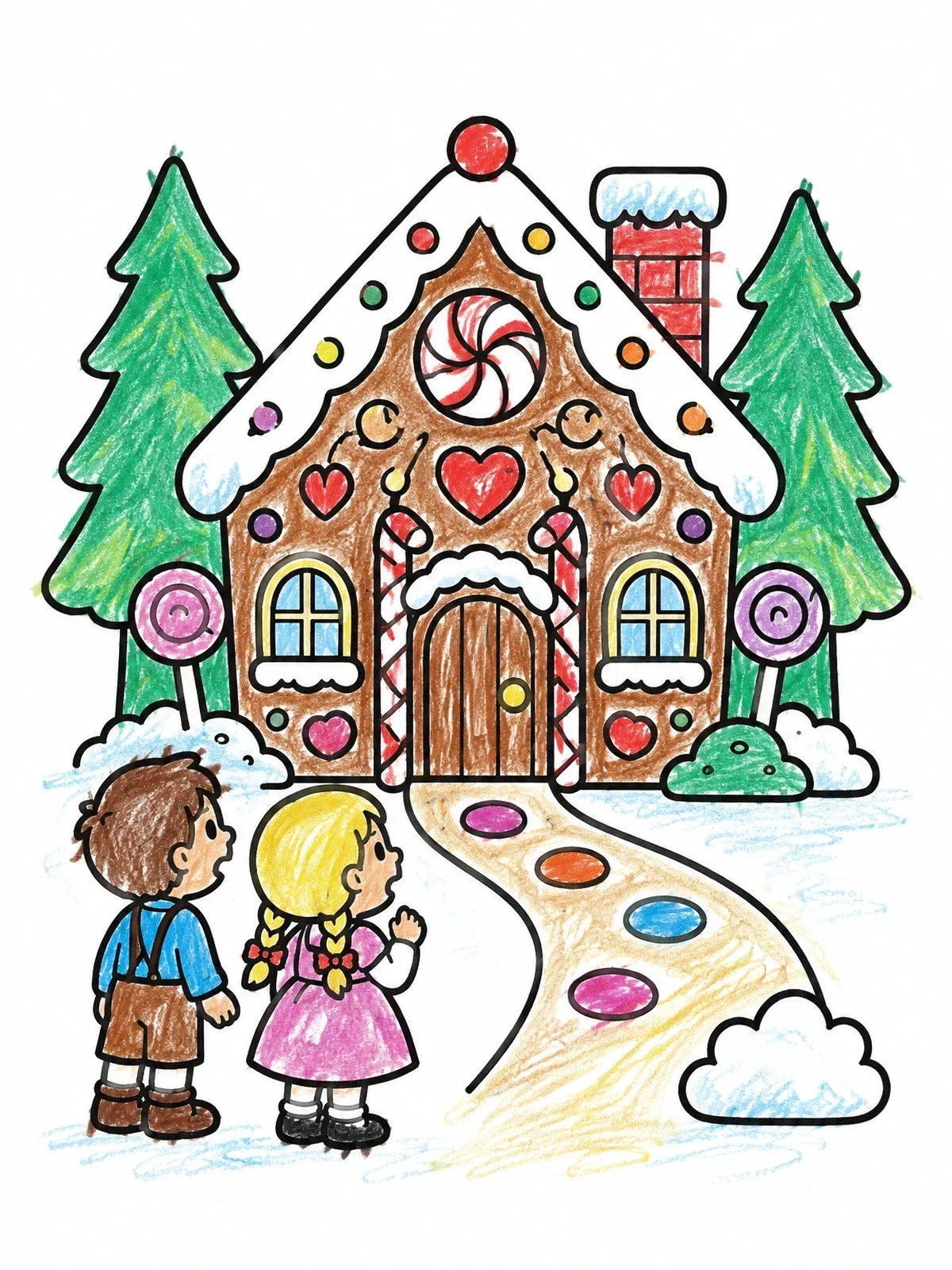 Colored example of the Hansel And Gretel At The Gingerbread House coloring page