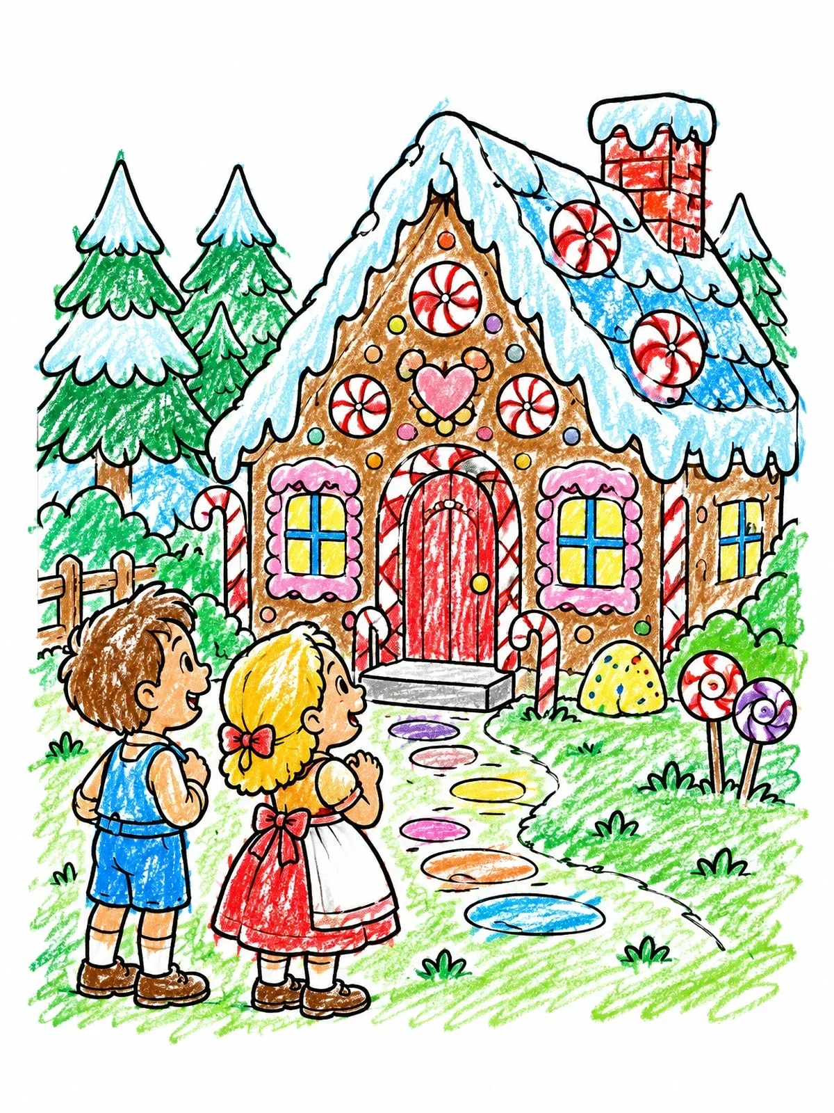 Colored example of the Hansel And Gretel At The Gingerbread House coloring page