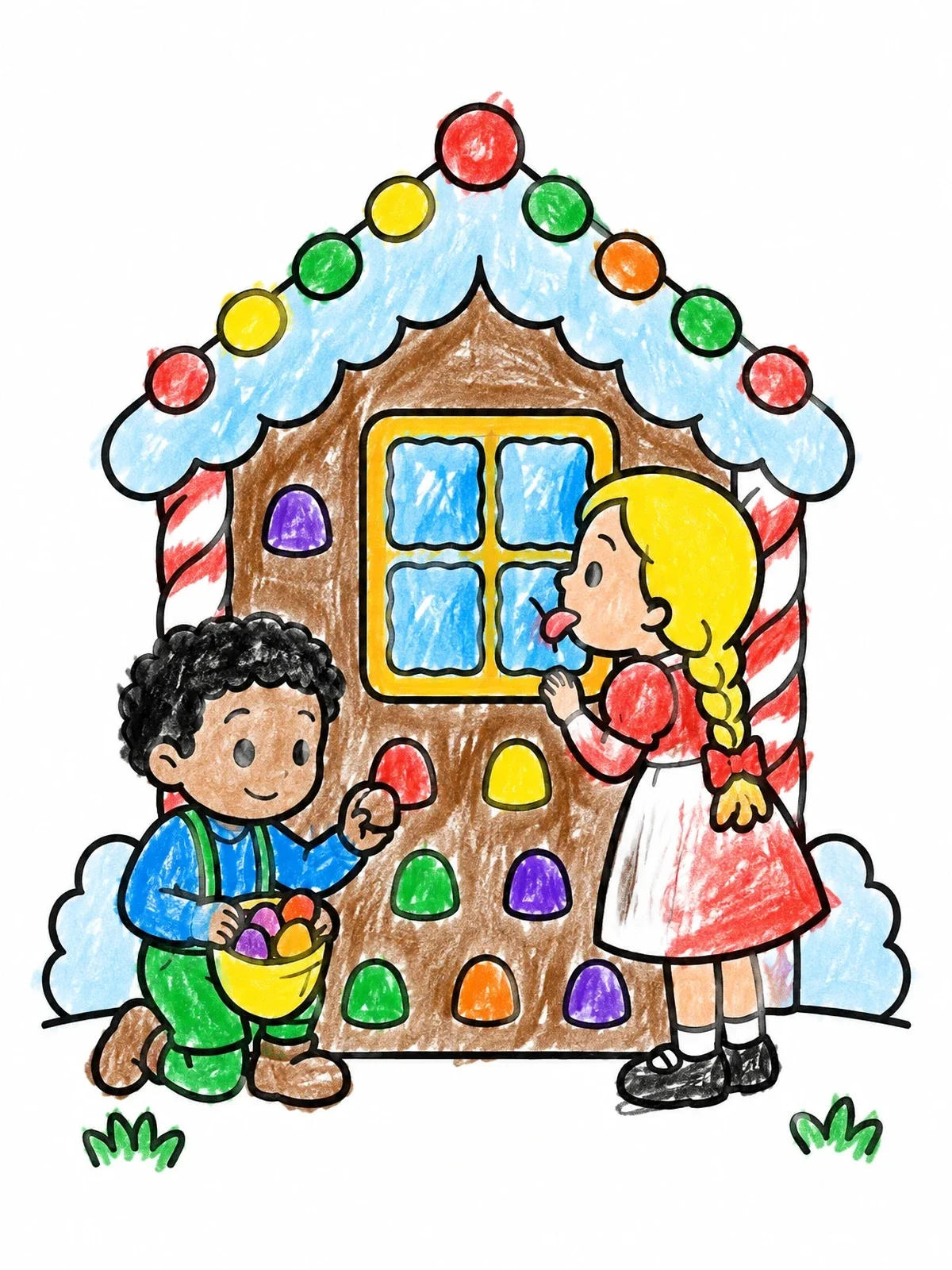 Colored example of the Hansel And Gretel Tasting Gingerbread coloring page