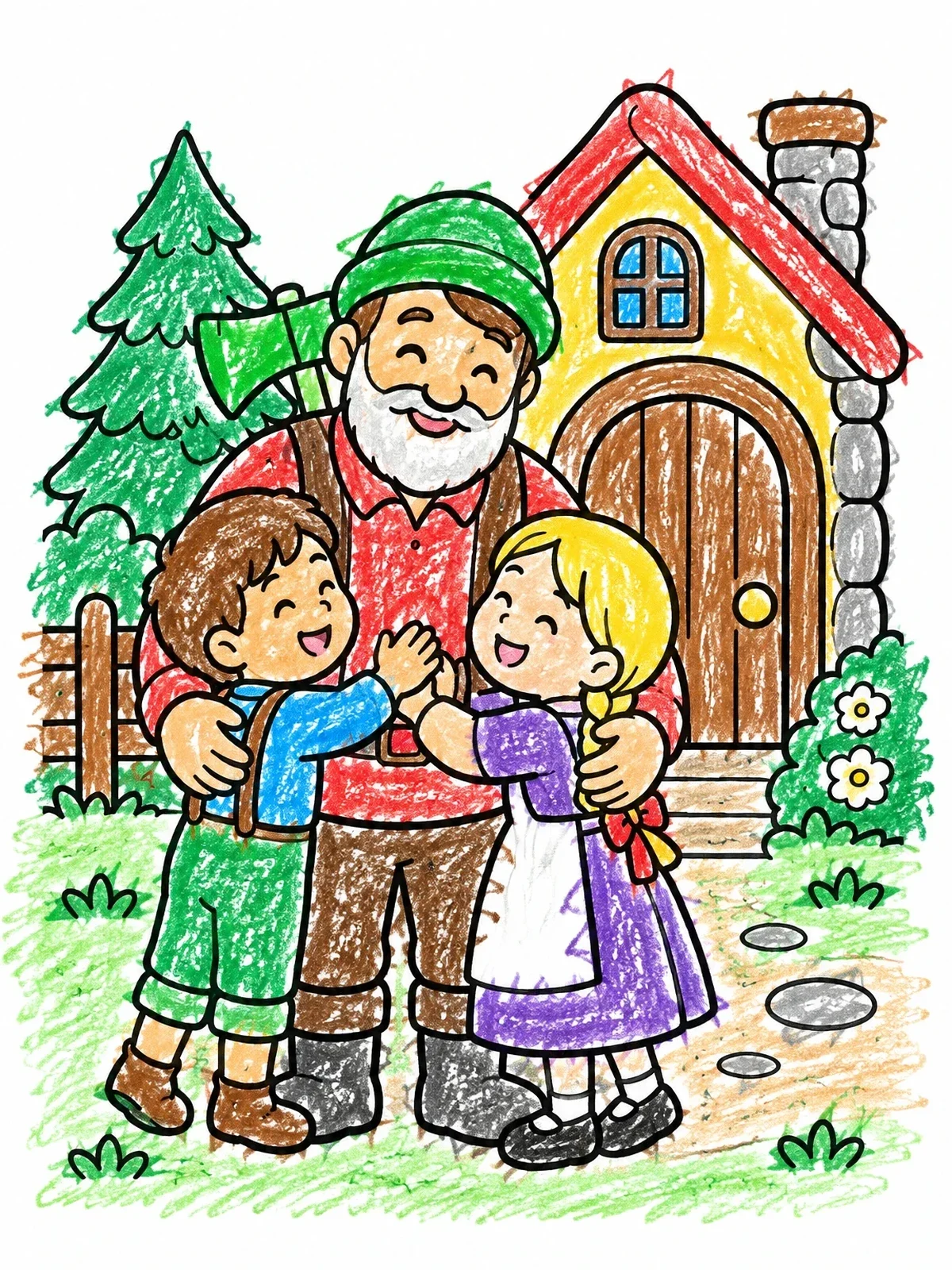 Colored example of the Hansel And Gretel Reunite With Father coloring page