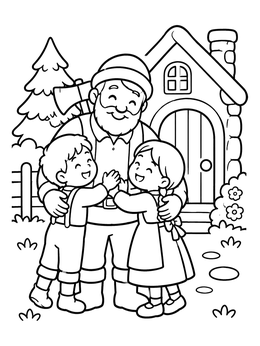 Happy family reunion in this hansel and gretel coloring page outside their cottage.