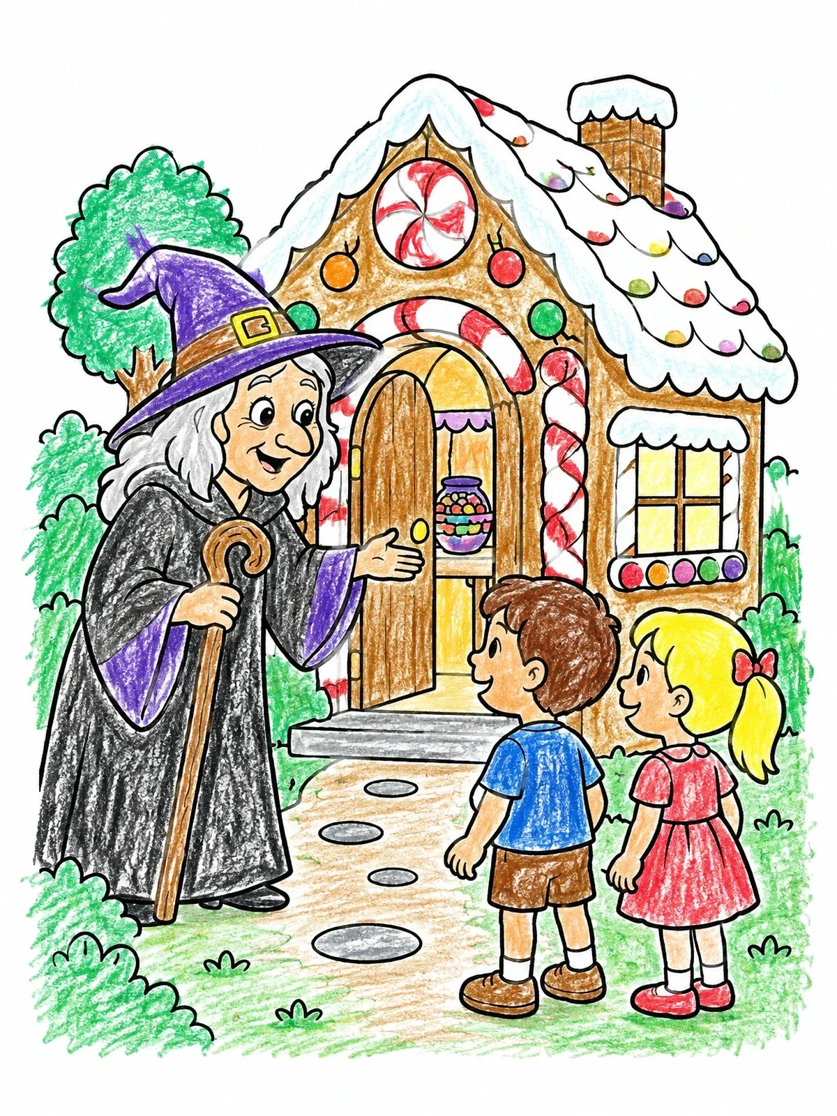 Colored example of the Witch Welcoming Children To Gingerbread House coloring page