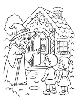 Free printable Witch Welcoming Children To Gingerbread House coloring page