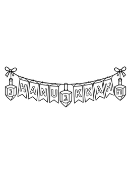 A festive banner spells out Hanukkah coloring page with dreidels and bows.