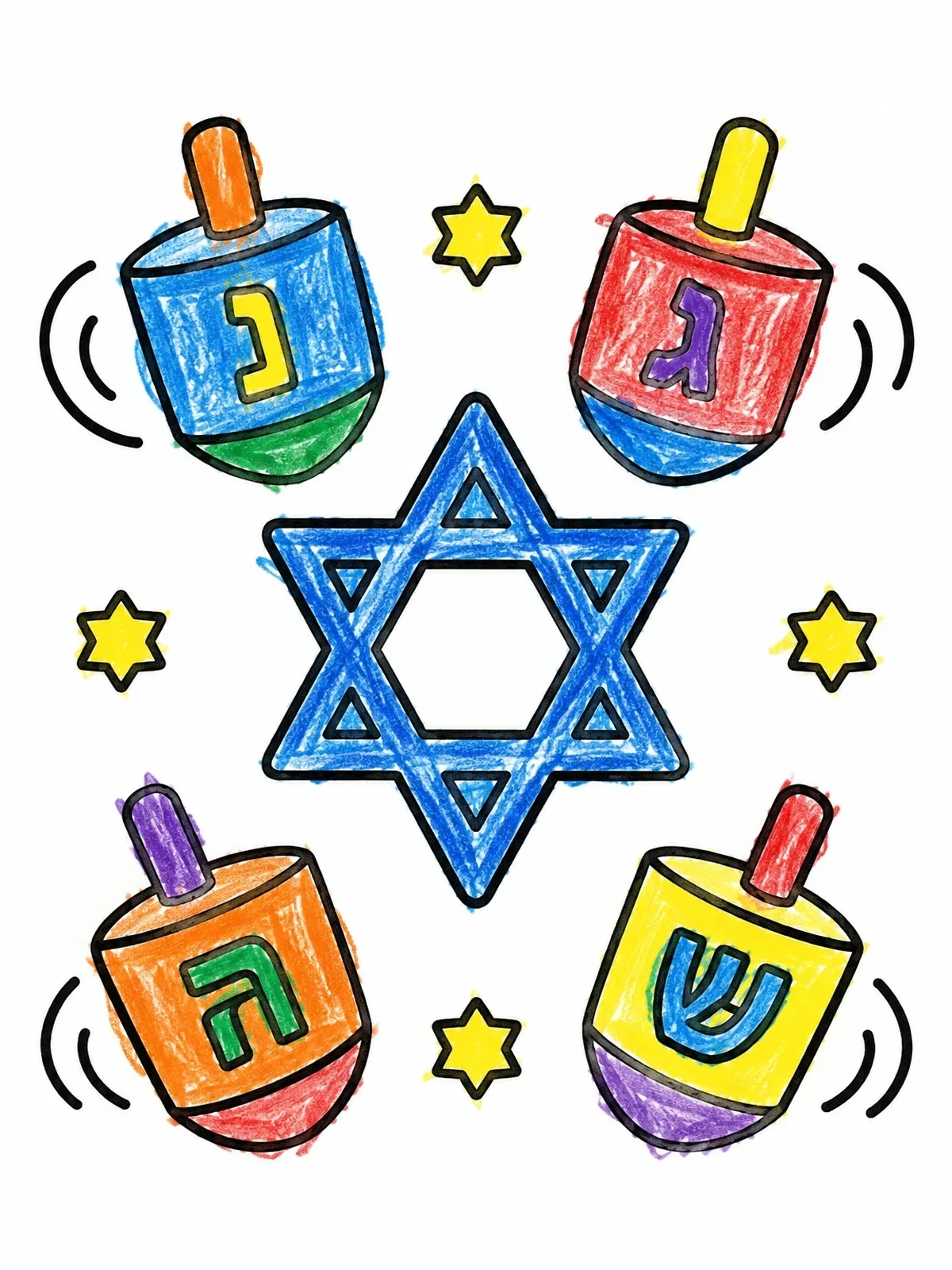 Colored example of the Hanukkah Dreidels And Star Of David coloring page