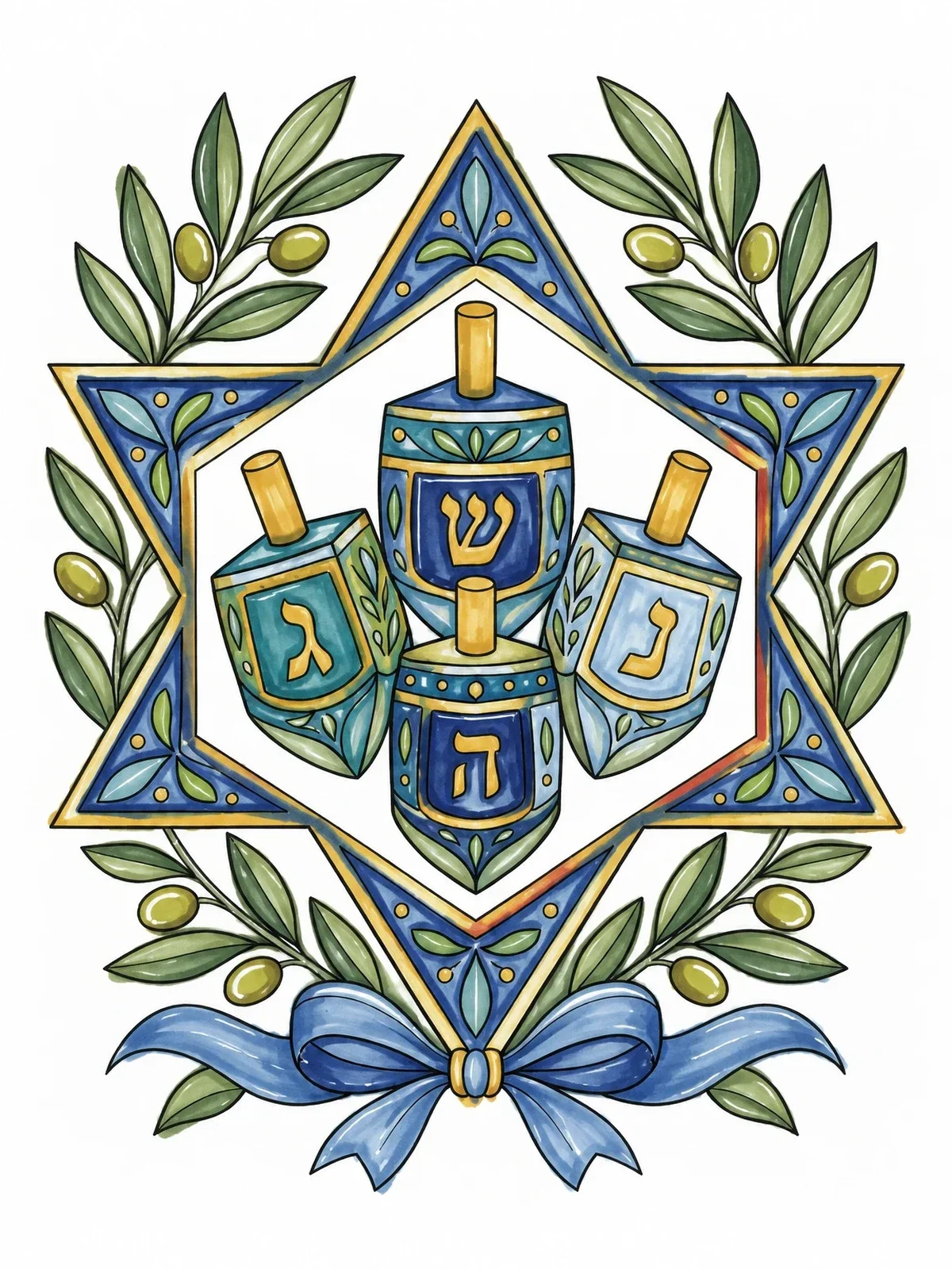 Colored example of the Hanukkah Dreidels In Star Frame coloring page