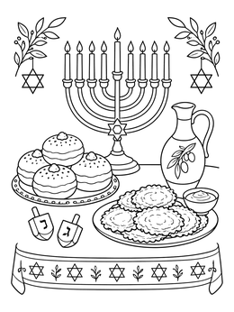 A festive Hanukkah coloring page with a lit menorah, latkes, jelly donuts, and spinning dreidels.