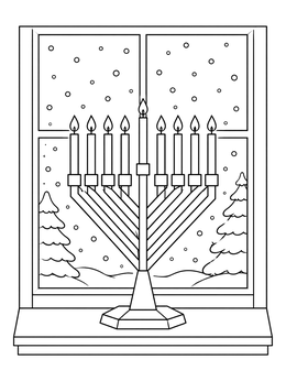 A geometric menorah stands on a windowsill overlooking falling snow in this Hanukkah coloring page.