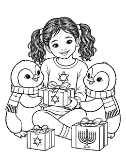 A smiling girl and two penguins share gifts in this Hanukkah coloring page.