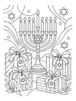 A decorative Hanukkah menorah coloring page surrounded by patterned gift boxes with Star of David tags.