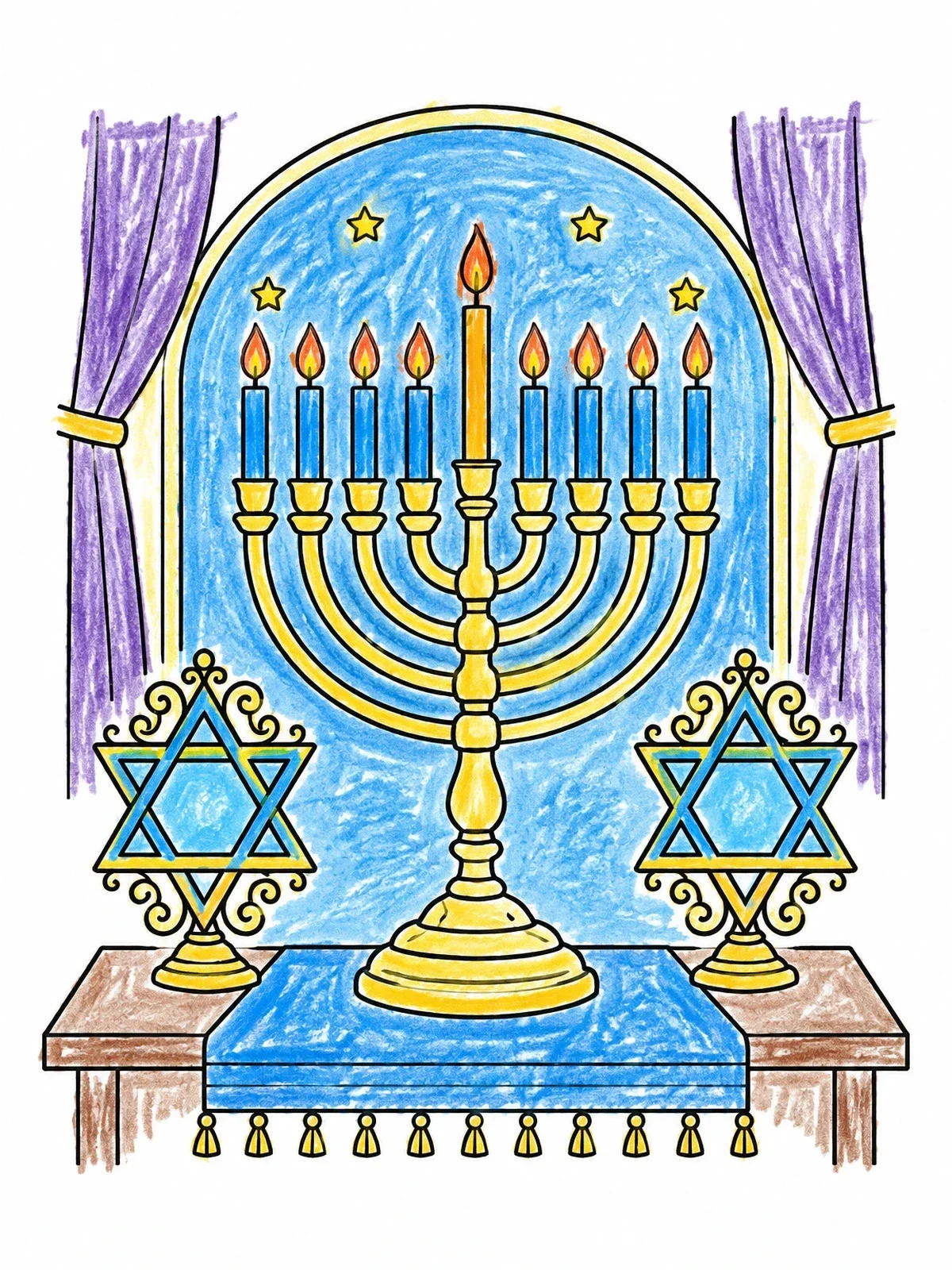 Colored example of the Hanukkah Menorah And Star Decorations coloring page