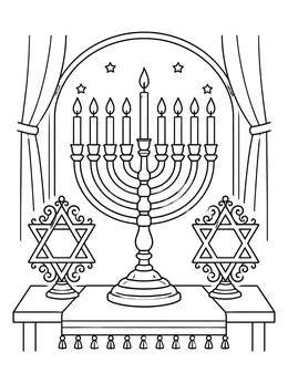 A lit Hanukkah menorah flanked by Star of David stands in this festive star coloring page.