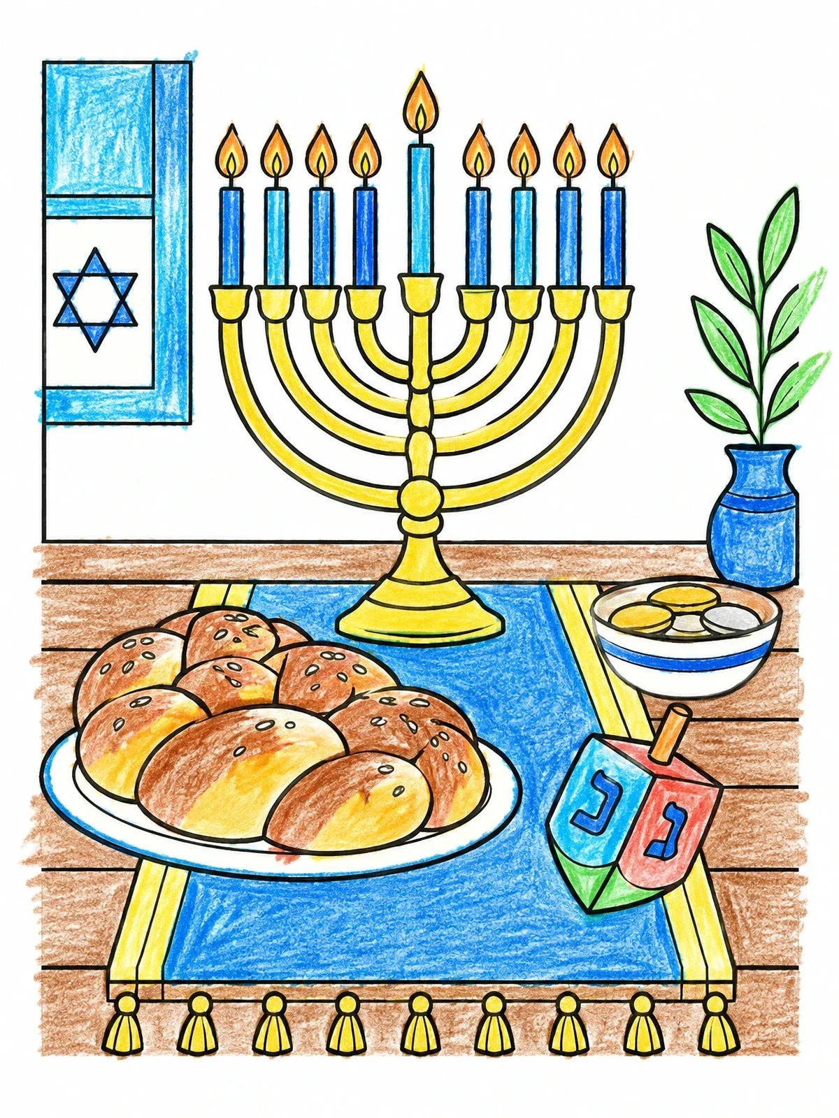 Colored example of the Hanukkah Menorah, Challah, And Dreidel coloring page