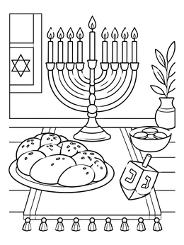 Free printable Hanukkah Menorah, Challah, And Dreidel coloring page