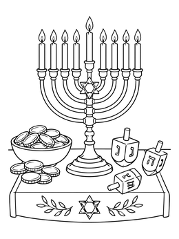 Festive menorah coloring page featuring lit candles, spinning dreidels, and a bowl of chocolate coins.