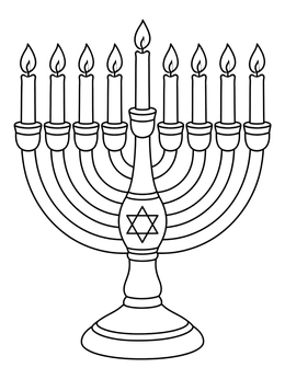 A symmetrical menorah coloring page featuring lit candles and a Star of David emblem.