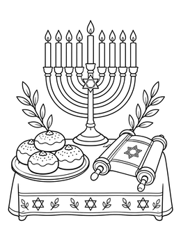 Free printable Hanukkah Menorah With Sufganiyot And Torah Scroll coloring page