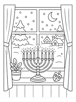 Free printable Hanukkah Menorah On Winter Windowsill coloring page