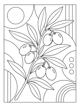 An olive branch sprig on this Hanukkah coloring page with geometric patterns.