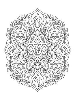 A detailed hanukkah coloring page featuring a mandala with Stars of David, flames, and olive branches.