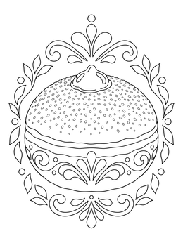 A decorative sufganiyah jelly doughnut on this Hanukkah coloring page.
