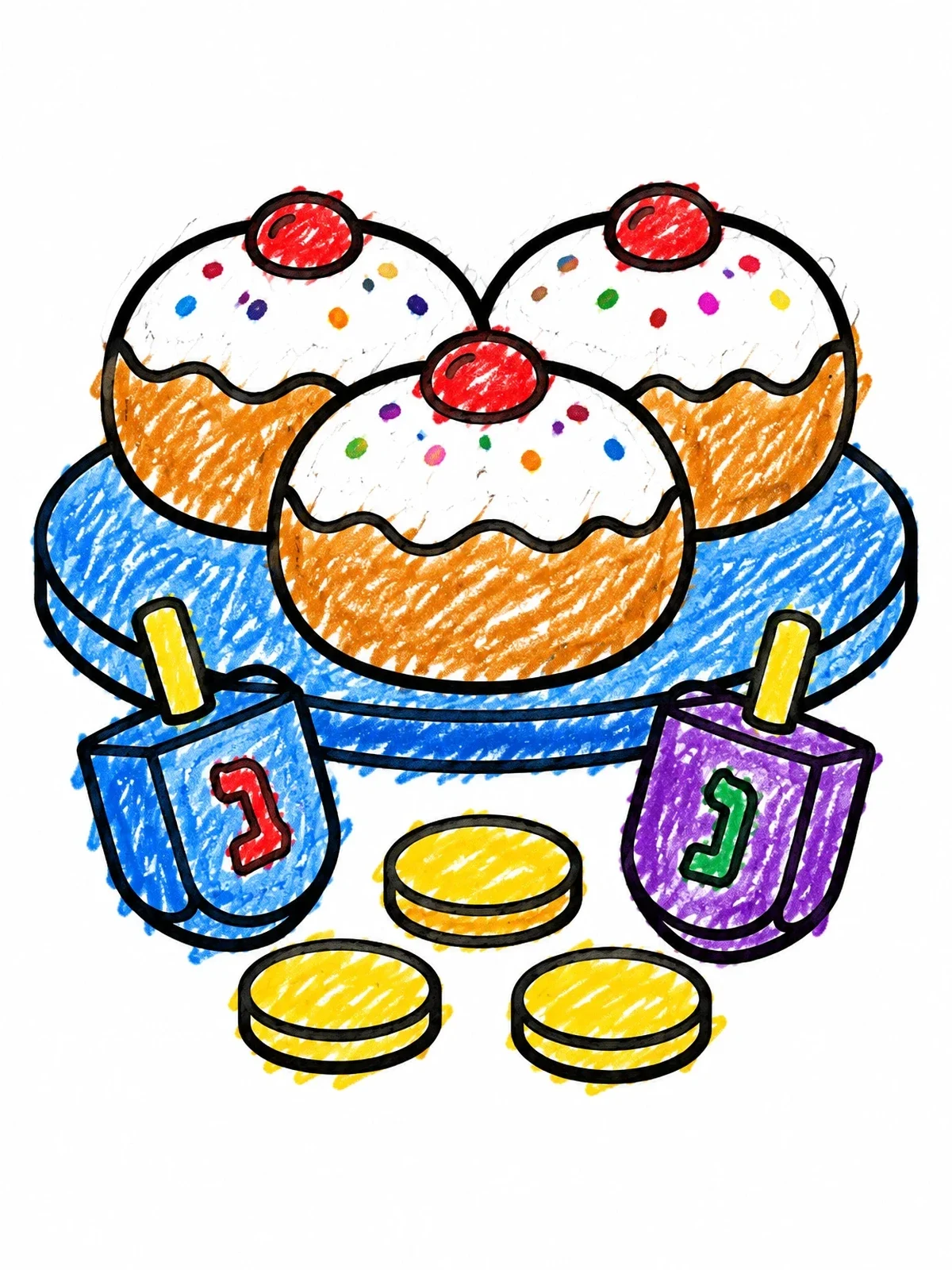 Colored example of the Hanukkah Sufganiyot And Dreidels coloring page