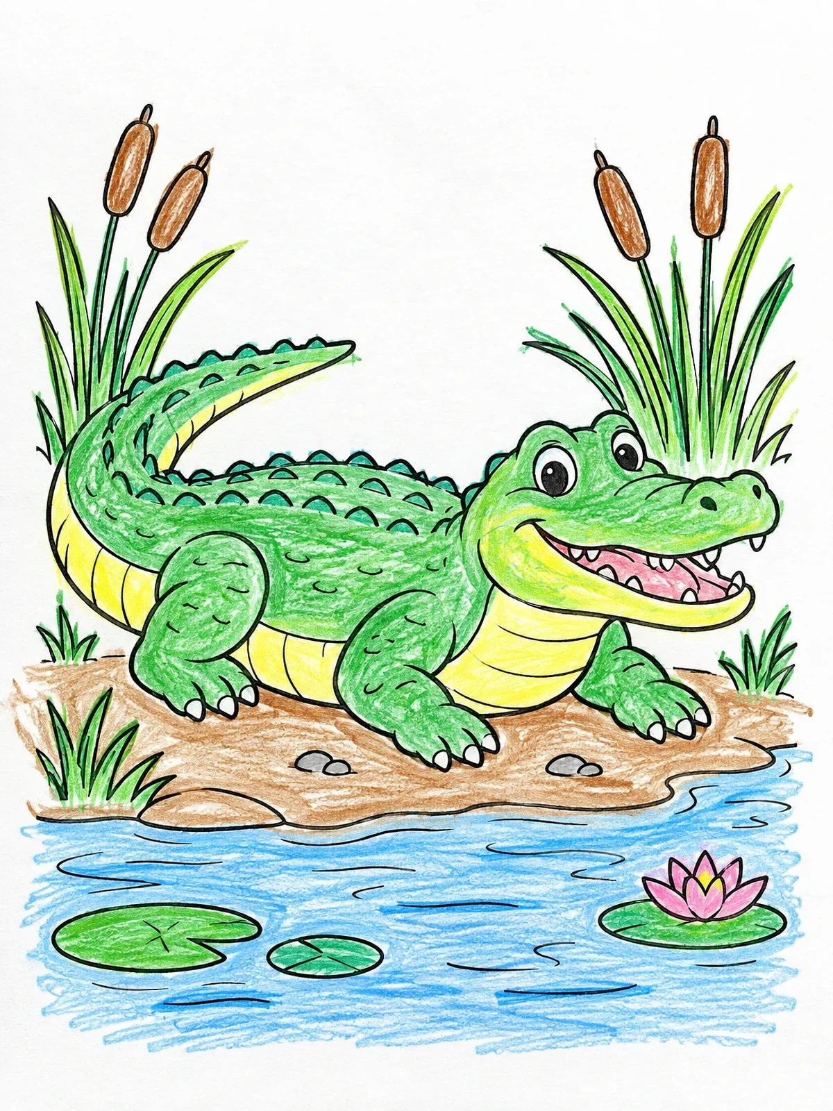 Colored example of the Happy Alligator By The Pond coloring page