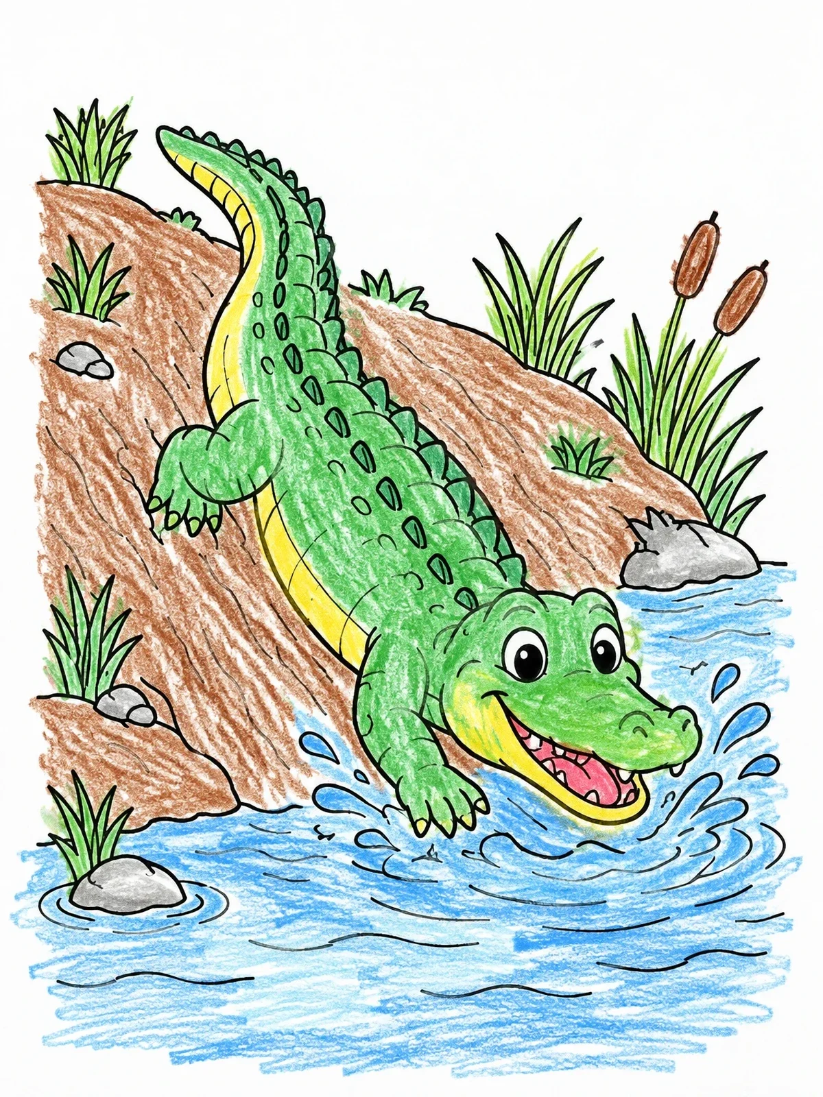 Colored example of the Happy Alligator Sliding Into River coloring page