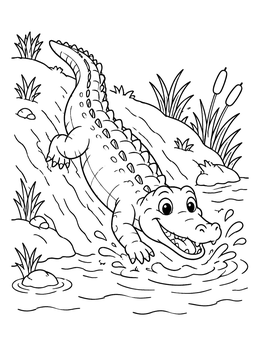 Free printable Happy Alligator Sliding Into River coloring page