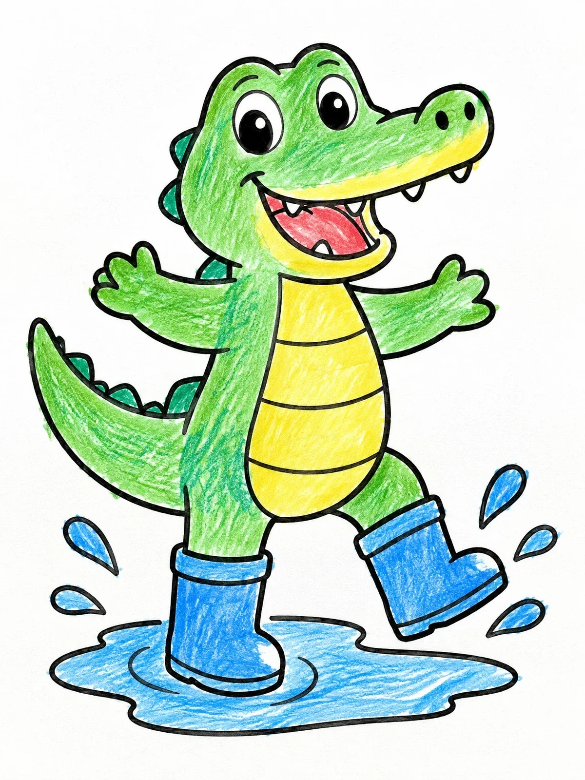Colored example of the Happy Alligator Splashing In Rain Boots coloring page