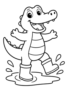 A happy alligator coloring page showing a cute crocodile splashing in a puddle with rain boots.