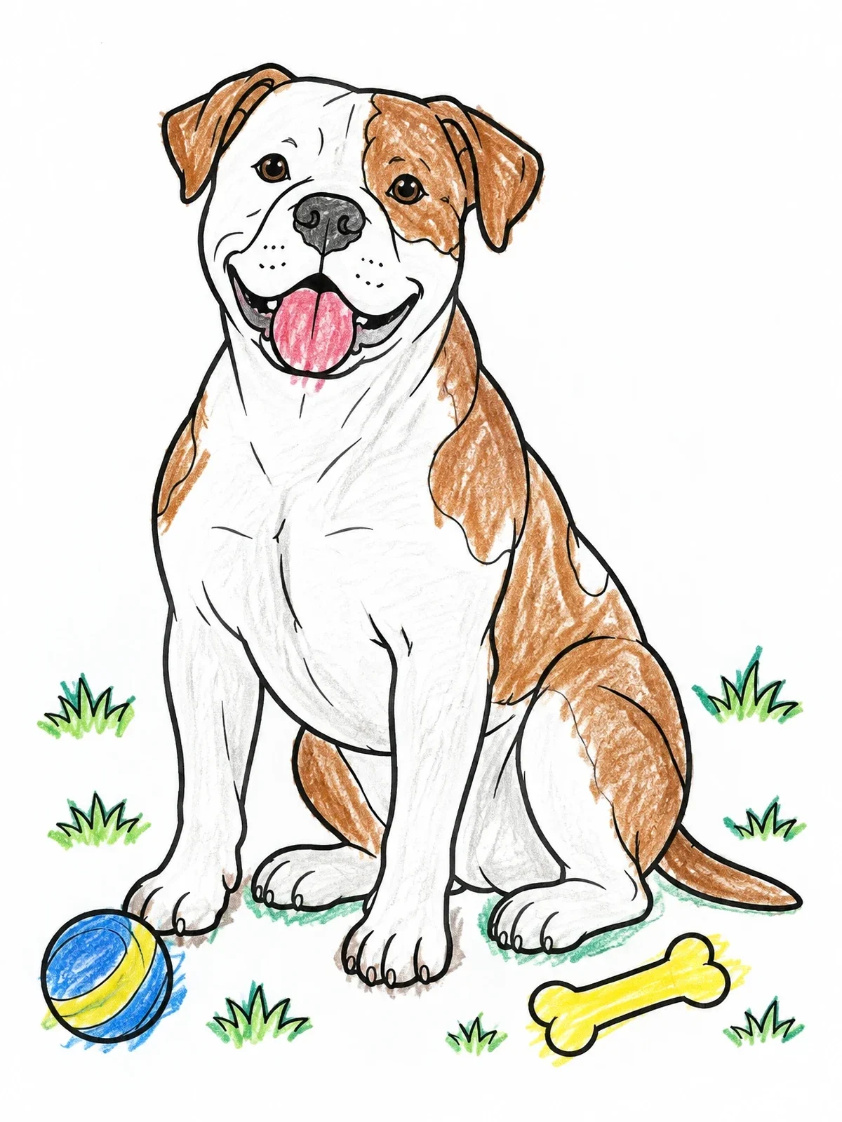 Colored example of the Happy American Bulldog With Toys coloring page