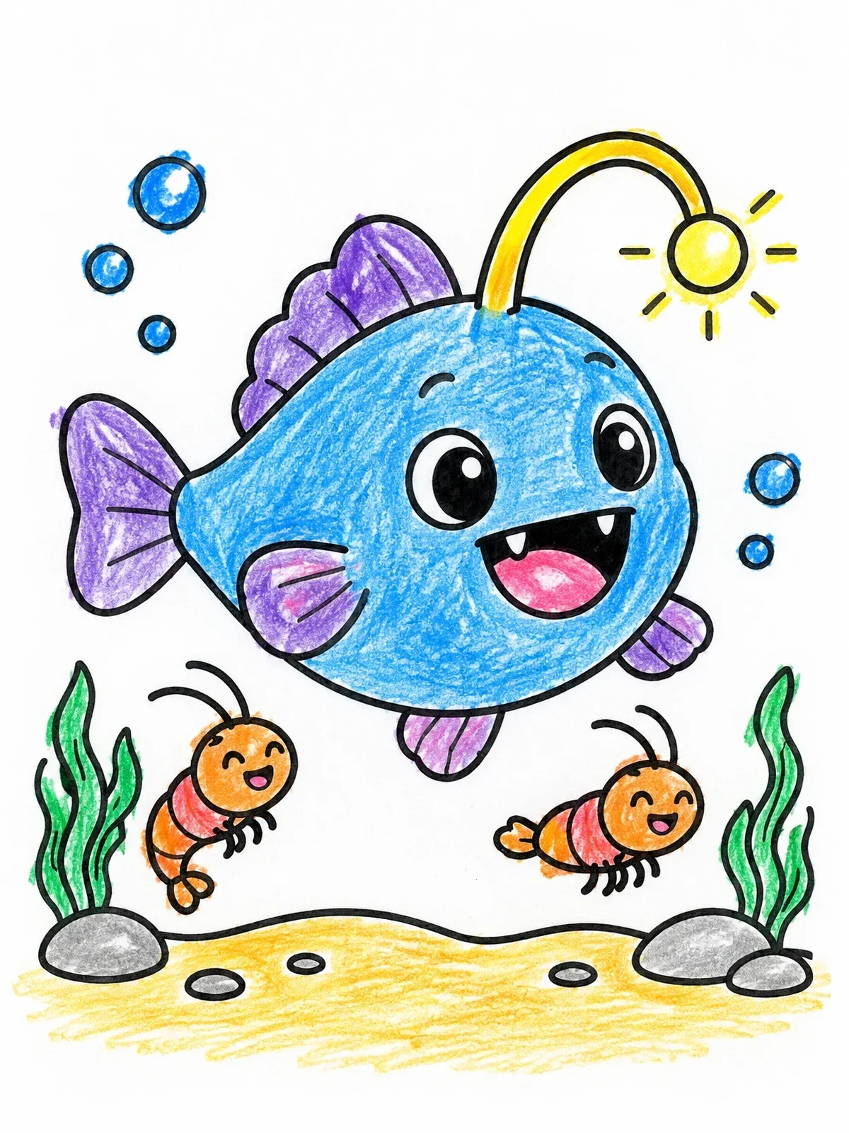 Colored example of the Happy Anglerfish And Little Shrimp coloring page