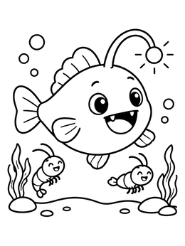 A cheerful angler fish coloring page featuring a cute fish swimming with two small shrimp.