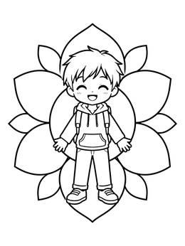 Free printable Happy Anime Boy With Petal Mandala coloring page