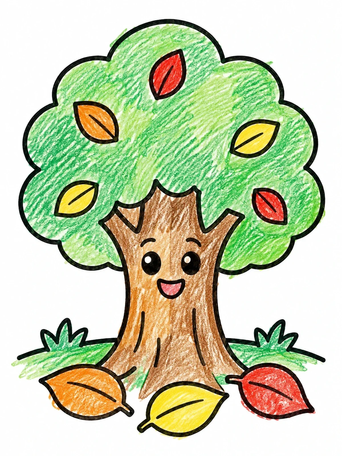 Colored example of the Happy Autumn Tree With Fallen Leaves coloring page