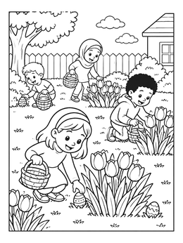 Free printable Backyard Easter Egg Hunt coloring page