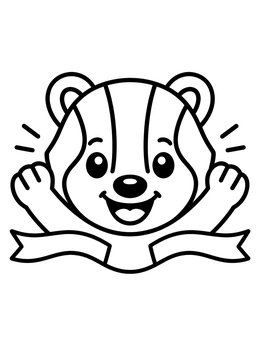 A cheerful cartoon face in this cute badger coloring page with paws up and a banner.