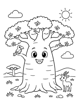 Free printable Happy Baobab Tree In Savannah coloring page