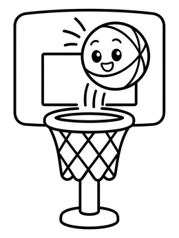 A cheerful cartoon basketball bouncing near the net on this basketball hoop coloring page.