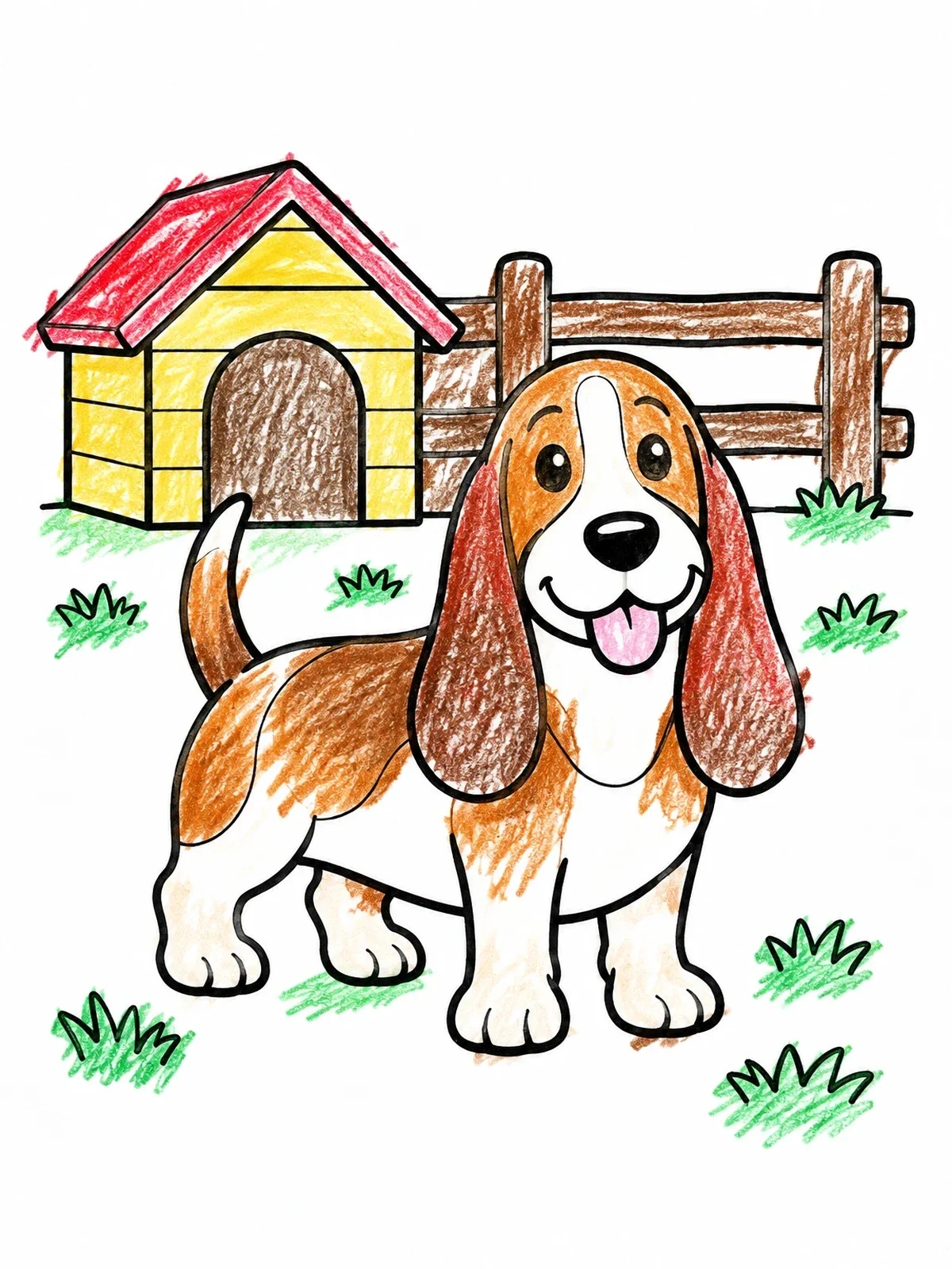 Colored example of the Happy Basset Hound By Doghouse coloring page