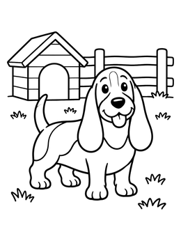 Free printable Happy Basset Hound By Doghouse coloring page