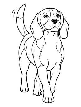 A cheerful dog on this beagle coloring page walks forward wagging its tail.