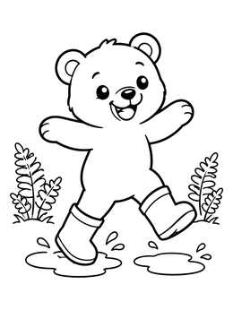 A cheerful bear coloring page with a cub wearing boots and jumping in puddles.