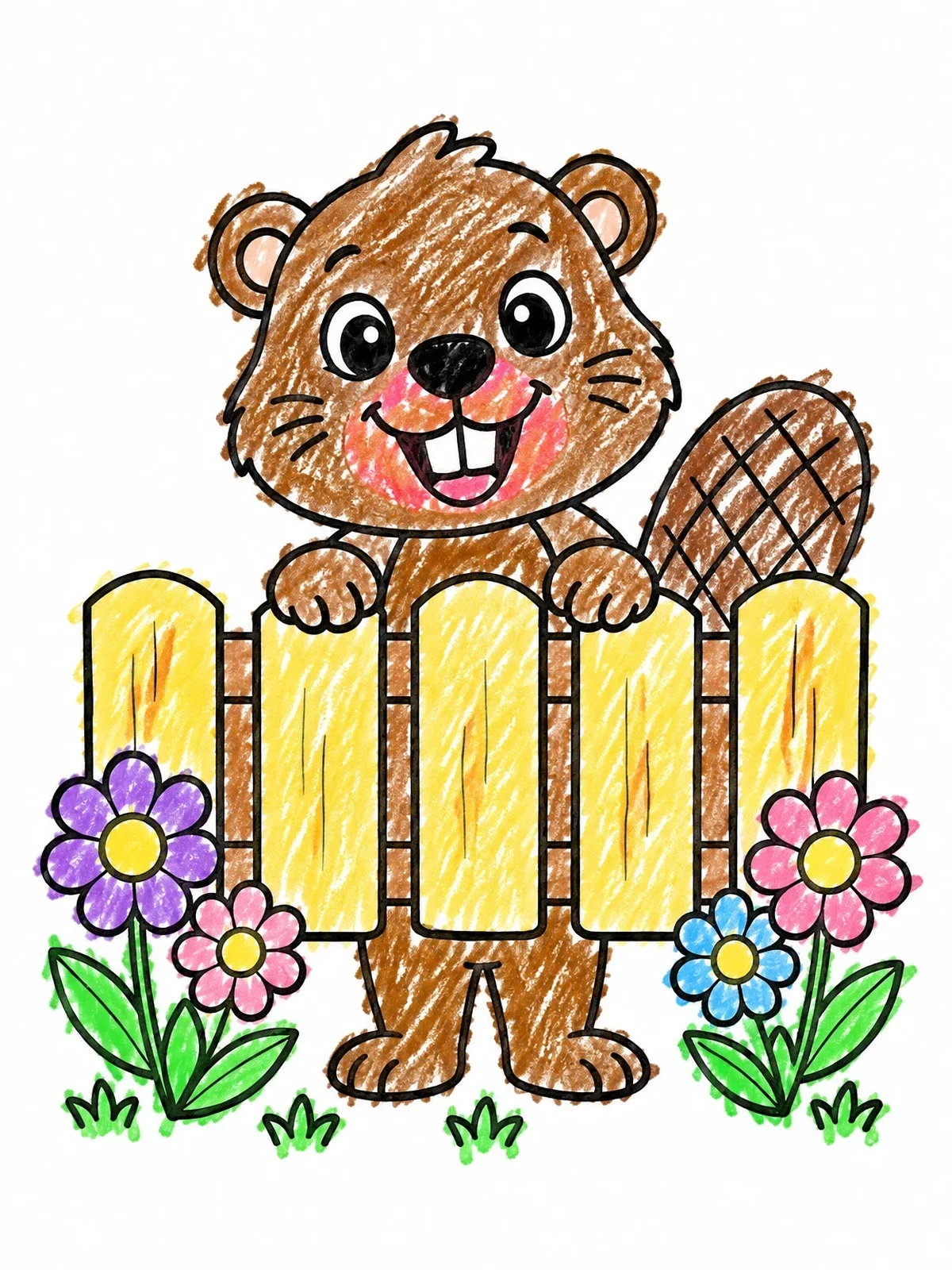 Colored example of the Happy Beaver Behind Garden Fence coloring page