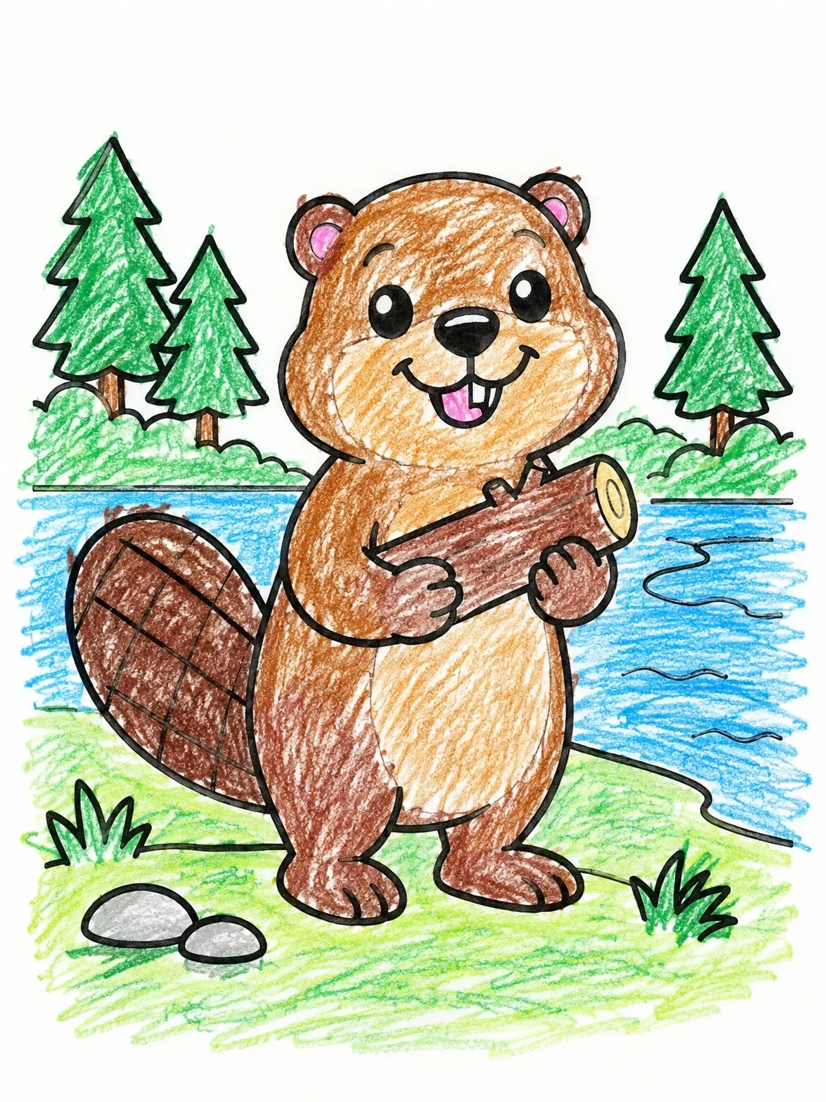 Colored example of the Happy Beaver Holding A Log coloring page