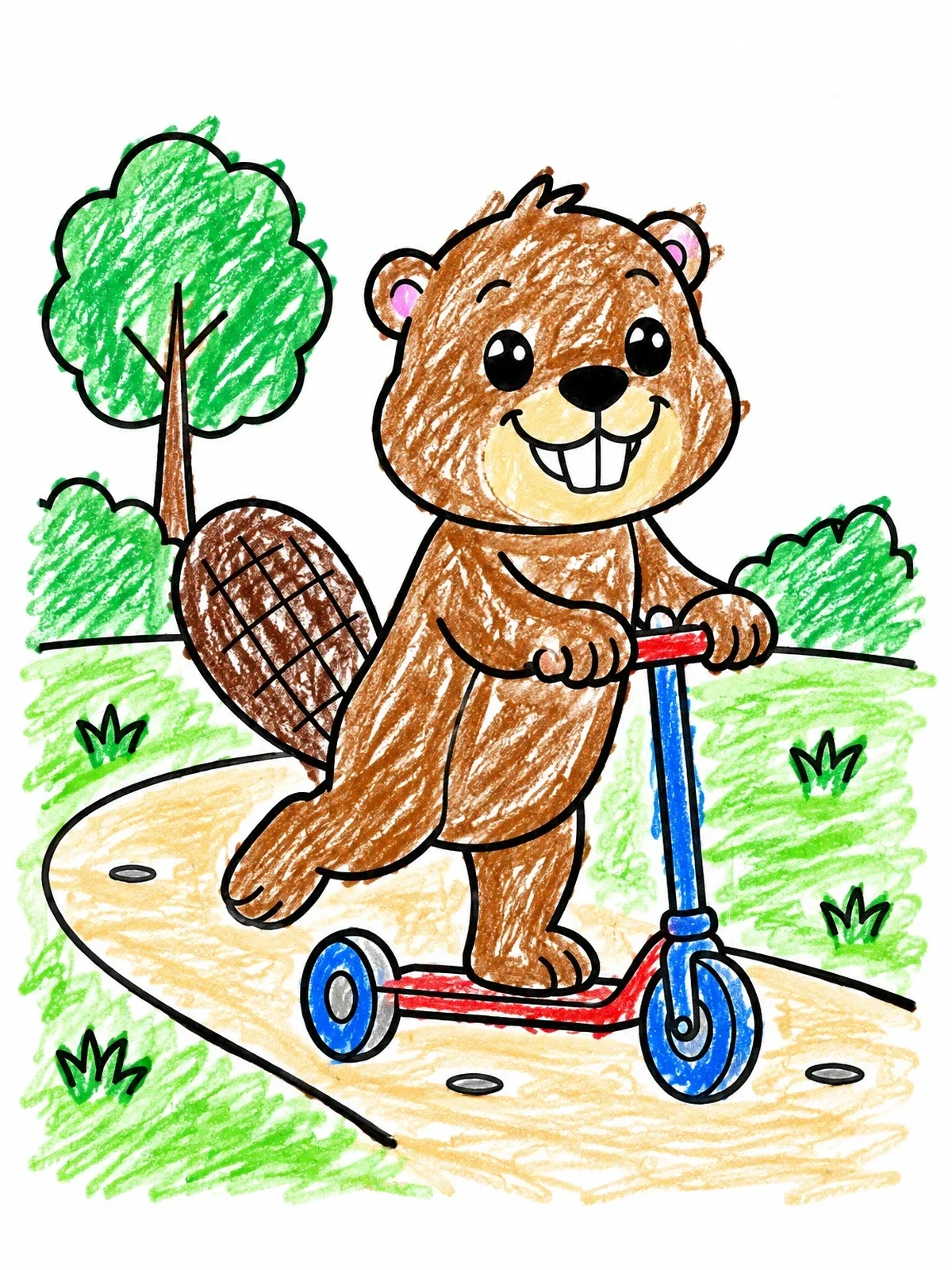 Colored example of the Happy Beaver On A Kick Scooter coloring page