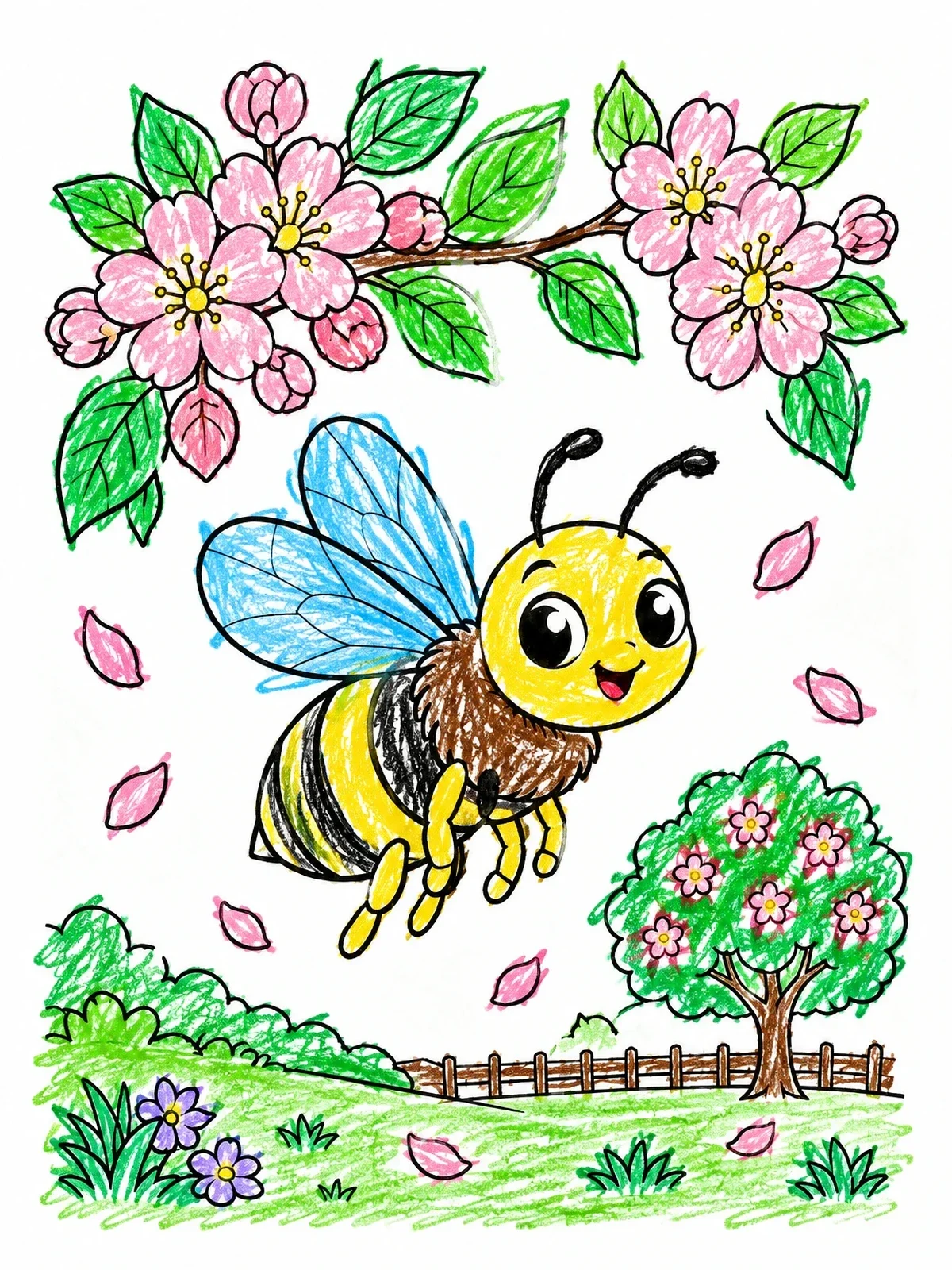 Colored example of the Happy Bee In Apple Blossom Orchard coloring page