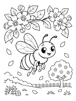 A happy cartoon bee flies near blossoms in this bee coloring page.