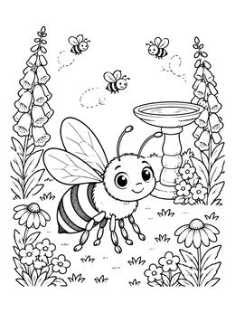 A cheerful cartoon bee coloring page set in a garden with foxgloves and a birdbath.